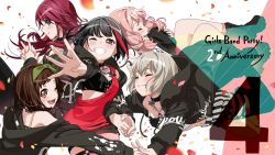 Rule 34 | 5girls, :3, ;d, ^ ^, afterglow (bang dream!), anniversary, aoba moca, bang dream!, black choker, black footwear, black hair, black jacket, bob cut, boots, brown eyes, brown hair, chain necklace, choker, closed eyes, clothes writing, commentary request, copyright name, countdown, crop top, green eyes, grey hair, grin, hazawa tsugumi, highres, holding hands, hood, hood down, hooded jacket, jacket, jewelry, long hair, looking at viewer, looking back, mitake ran, multiple girls, necklace, off shoulder, official art, one eye closed, open mouth, own hands clasped, own hands together, paint stains, petals, purple eyes, red hair, red shirt, shirt, short hair, shorts, single strap, smile, spaghetti strap, striped clothes, striped shorts, thigh strap, thighhighs, twintails, u u, udagawa tomoe, uehara himari