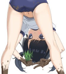 Rule 34 | 1girl, ass, bent over, black hair, blue eyes, buruma, cameltoe, dirty, from behind, gym uniform, kneepits, legs, long hair, looking at viewer, looking back, looking through own legs, midriff peek, mud, navel, original, retumihari, rice planting, shirt, simple background, solo, twintails, v, white background, white shirt