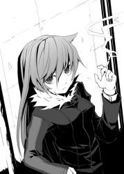 Rule 34 | 1girl, cigarette, coat, expressionless, from above, fur trim, greyscale, long sleeves, looking at viewer, looking up, monochrome, murata taichi, original, smoke, smoking, solo