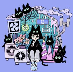 Rule 34 | 1girl, :o, air conditioner, animal ears, aqua background, arrow (symbol), black cat, black hair, black hoodie, blue footwear, blunt bangs, blunt ends, blush stickers, bright pupils, cable, cat, cat ears, cat girl, cat tail, chimney, commentary request, cup, damaged, diagonal stripes, dot nose, drinking glass, duct tape, english text, exit sign, eyeball, fish bone, flower pot, garouma, green eyes, grey pants, hands up, highres, hood, hood down, hoodie, industrial pipe, light bulb, open mouth, original, pants, pants rolled up, plant, potted plant, purple background, shoes, short hair, signature, sitting, smoke, sneakers, solo, striped, tail, traffic cone, translation request, two-tone background, white pupils, wine glass