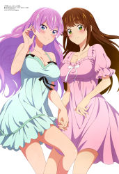 Rule 34 | 2girls, absurdres, breasts, brown hair, cleavage, fuufu ijou koibito miman., highres, holding hands, large breasts, long hair, looking at viewer, magazine scan, megami magazine, multiple girls, non-web source, official art, pajamas, pink hair, scan, simple background, smile, thighs, white background