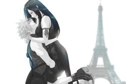Rule 34 | 1boy, 1girl, apron, arm ribbon, arms around neck, bare shoulders, black apron, black footwear, black gloves, black hair, black shorts, black vest, blonde hair, blue eyes, blurry, blurry background, blush, breast press, breasts, closed mouth, cloud strife, commentary, commission, couple, crop top, eiffel tower, english commentary, eye contact, feet up, final fantasy, final fantasy vii, final fantasy vii advent children, from side, gloves, greyscale, highres, hug, large breasts, lifting person, long hair, looking at another, midriff peek, monochrome, outdoors, profile, red eyes, red lips, ribbed shirt, ribbon, shirt, shorts, simple background, sleeveless, sleeveless shirt, spiked hair, spot color, spykeee, tank top, tifa lockhart, twitter username, vest, waist apron, watermark, white tank top