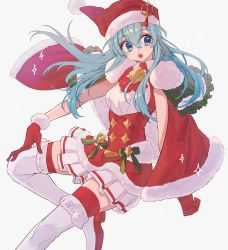 Rule 34 | 1girl, aqua hair, bad id, bad twitter id, blue eyes, blue hair, blush, cape, christmas, dress, eirika (fire emblem), eirika (winter) (fire emblem), elbow gloves, fire emblem, fire emblem: the sacred stones, fire emblem heroes, fur trim, gloves, hat, highres, itou (very ito), long hair, looking at viewer, nintendo, open mouth, santa costume, simple background, skirt, smile, solo, thighhighs, white background, zettai ryouiki