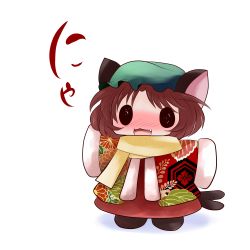 Rule 34 | 1girl, animal ears, blush, brown hair, cat ears, cat girl, cat tail, chen, chibi, fangs, female focus, hat, highres, jacket, multiple tails, open mouth, scarf, short hair, sleeves past wrists, solo, tail, touhou, yume shokunin