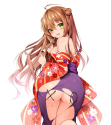 Rule 34 | 1girl, ahoge, ass, bare shoulders, bloody0rabby, blush, body writing, breasts, brown hair, calligraphy brush, double bun, floral print, girls&#039; frontline, green eyes, hair between eyes, hair bun, hakama, hakama skirt, highres, japanese clothes, kimono, long hair, long sleeves, looking at viewer, looking back, medium breasts, no panties, off shoulder, official alternate costume, open mouth, paintbrush, rfb (girls&#039; frontline), rfb (new year&#039;s mvp) (girls&#039; frontline), shoulder blades, simple background, skirt, solo, sweat, tears, torn clothes, torn hakama, torn kimono, very long hair, white background