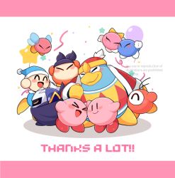 Rule 34 | &gt; &lt;, :d, ^ ^, armor, arms up, artist name, balloon, bandana, bandana waddle dee, blue bandana, blue cape, blue headwear, blush, blush stickers, bronto burt, cape, cheek-to-cheek, closed eyes, closed mouth, commentary request, confetti, english text, flying, fur-trimmed jacket, fur trim, happy, hat, heads together, jacket, king dedede, kirby, kirby (series), lalala (kirby), lololo (kirby), long sleeves, mask, meta knight, midooka (o k k), nintendo, no humans, one-eyed, open clothes, open jacket, open mouth, pauldrons, pink background, poppy bros jr, red headwear, red jacket, shoulder armor, simple background, smile, star (symbol), star balloon, streamers, twitter username, two-tone background, waddle doo, watermark, white background, wings
