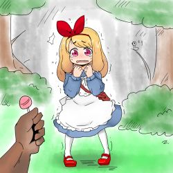 Rule 34 | 1boy, 1girl, age difference, blonde hair, blush, bow, candy, child, dark skin, dress, flat chest, lollipop, outdoors, tears, tree