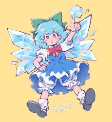 Rule 34 | 1girl, black footwear, bloomers, blue dress, blue eyes, blue hair, blush, bow, circled 9, cirno, commentary, dated, dress, green bow, hair bow, hand on own hip, highres, ice, ice wings, index finger raised, jeto (jetopyon), looking at viewer, puffy short sleeves, puffy sleeves, red bow, shoes, short hair, short sleeves, simple background, socks, solo, touhou, underwear, wings, yellow background