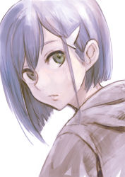 Rule 34 | 1girl, bad id, bad pixiv id, blue hair, bob cut, closed mouth, commentary, darling in the franxx, green eyes, grey hoodie, hair ornament, hairclip, hood, hoodie, ichigo (darling in the franxx), keigo inoue, looking at viewer, looking back, short hair, simple background, sketch, solo, white background
