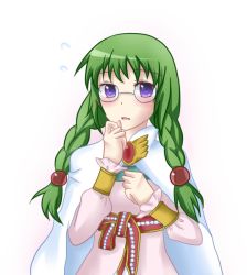 Rule 34 | 1girl, blush, bracelet, braid, brooch, cape, embarrassed, flying sweatdrops, glasses, gradient background, green hair, jewelry, long hair, looking at viewer, open mouth, philia felice, purple eyes, round eyewear, simple background, solo, tales of (series), tales of destiny, twin braids
