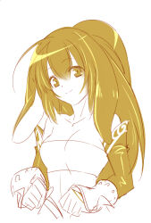 Rule 34 | 1girl, bare shoulders, breasts, brown eyes, brown hair, brown sleeves, cleavage, closed mouth, collarbone, copyright request, cropped torso, detached sleeves, gloves, kanikame, long hair, long sleeves, medium breasts, monochrome, ponytail, simple background, smile, solo, upper body, very long hair, white background