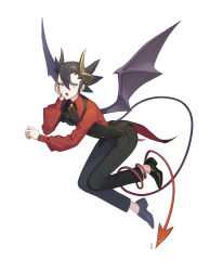 Rule 34 | 1boy, alternate costume, ascot, bad id, bad twitter id, black footwear, blue eyes, buttons, commentary, creatures (company), demon boy, from side, full body, game freak, grimsley (pokemon), hair between eyes, highres, horns, long sleeves, looking at viewer, male focus, mongguri, nintendo, pants, pokemon, pokemon bw, shirt, shoes, simple background, solo, spiked hair, symbol-only commentary, tail, vest, wings