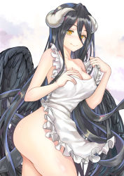 Rule 34 | 1girl, albedo (overlord), apron, apron pull, black hair, black wings, blush, breasts, clara v, cleavage, clothes pull, demon girl, demon horns, frilled apron, frills, horns, long hair, looking at viewer, low wings, naked apron, overlord (maruyama), simple background, smile, solo, very long hair, wings, yellow eyes