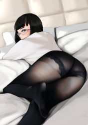 Rule 34 | 1girl, absurdres, ass, black hair, black pantyhose, blush, closed mouth, commentary request, feet, glasses, highres, indoors, lace, lace-trimmed panties, lace trim, legs, light smile, looking at viewer, looking back, lying, no shoes, on bed, on side, original, panties, panties under pantyhose, pantyhose, pupi (rain prophet), rimless eyewear, round eyewear, shirt, soles, solo, underwear, white shirt