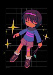 Rule 34 | 1other, = =, androgynous, artist name, bandaid, bandaid on knee, bandaid on leg, black background, blue shirt, brown footwear, brown hair, brown shorts, closed eyes, dark skin, frisk (undertale), full body, grid background, highres, holding, holding stick, long sleeves, menma (enaic31), other focus, shirt, shoes, short hair, shorts, simple background, sneakers, socks, solo, sparkle, stick, striped clothes, striped shirt, twitter username, undertale, white socks