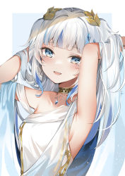 Rule 34 | 1girl, absurdres, ancient greek clothes, armpit crease, armpits, blue eyes, blue hair, breasts, collarbone, gawr gura, gawr gura (party dress), gem, greco-roman clothes, hair down, highres, hololive, hololive english, jewelry, laurel crown, long hair, medium breasts, multicolored hair, official alternate costume, sharp teeth, sideboob, silver hair, smile, solo, teeth, toga, twintails, two-tone hair, upper body, virtual youtuber, yukineko1018