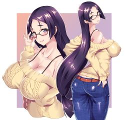 Rule 34 | 1girl, aran sweater, ass, blush, breasts, cable knit, covered erect nipples, denim, fate/grand order, fate (series), glasses, jeans, large breasts, long hair, looking at viewer, looking back, minamoto no raikou (fate), open mouth, pants, purple eyes, purple hair, shinozuka atsuto, smile, solo, sweater, very long hair