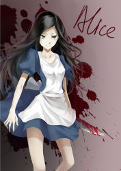 Rule 34 | 1girl, alice: madness returns, alice (alice in wonderland), alice in wonderland, alice liddell (american mcgee&#039;s alice), american mcgee&#039;s alice, apron, black hair, blood, breasts, closed mouth, dress, green eyes, knife, long hair, looking at viewer, medium breasts, solo, weapon, yekong