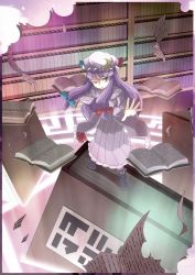 Rule 34 | 1girl, bad id, bad pixiv id, book, bookshelf, capelet, crescent, d@i, dress, female focus, flying paper, glowing, hat, highres, library, long hair, magic circle, one eye closed, outstretched arm, paper, patchouli knowledge, pink dress, purple eyes, purple hair, solo, touhou, voile, wink