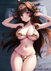 Rule 34 | 1girl, absurdres, ahoge, alternate costume, arms up, bikini, blush, breasts, brown hair, cleavage, commentary request, double bun, eckert&amp;eich, embarrassed, gold bikini, groin, hair bun, head on pillow, headgear, highres, kantai collection, kongou (kancolle), kongou kai ni (kancolle), large breasts, long hair, looking at viewer, lying, navel, on back, on bed, parted lips, purple eyes, side-tie bikini bottom, signature, solo, sweat, swimsuit