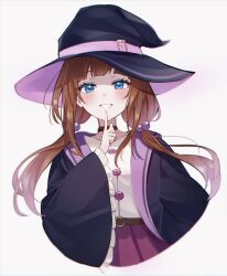 1girl :d belt black_coat blue_eyes blush brown_belt brown_hair buttons coat commentary_request cropped_torso finger_to_mouth grin hair_bobbles hair_ornament hand_up hat hat_belt index_finger_raised kmes_niku long_hair long_sleeves looking_at_viewer low_twintails nijisanji open_clothes open_coat open_mouth pleated_skirt purple_skirt shushing simple_background skirt smile solo twintails virtual_youtuber white_background wide_sleeves witch witch_hat yokaze_yui