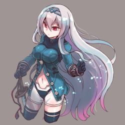 Rule 34 | 1girl, aqua hair, black gloves, black thighhighs, breasts, closed mouth, cropped legs, es (eisis), future card buddyfight, gloves, gradient hair, grey background, grey hair, hairband, highres, holding, holding sword, holding weapon, jacket, large breasts, long hair, mayuzumi fubuki, multicolored hair, navel, pink hair, red eyes, shorts, simple background, solo, sword, thighhighs, very long hair, weapon, white shorts