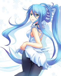 Rule 34 | 10s, 1girl, aoki hagane no arpeggio, ass, bare shoulders, blue eyes, blue hair, breasts, choker, clothes lift, dress, from behind, lipstick, looking back, makeup, matching hair/eyes, pantyhose, personification, ponytail, ryusei (green aqua road), skirt, skirt lift, snowflakes, solo, takao (aoki hagane no arpeggio)
