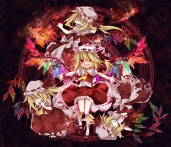 Rule 34 | 4girls, absurdres, ascot, blonde hair, bow, clone, dress, fang, female focus, flandre scarlet, frills, gem, hair bow, hat, highres, multiple girls, multiple persona, no eyes, red eyes, side ponytail, tears, tongue, touhou, toutenkou, upside-down, wings, wrist cuffs