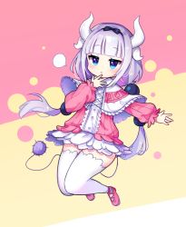 Rule 34 | 1girl, absurdres, beads, blue eyes, blunt bangs, blush, capelet, child, dragon girl, dragon horns, dress, full body, hair beads, hair ornament, hairband, highres, horns, kanna kamui, kobayashi-san chi no maidragon, light purple hair, long hair, looking at viewer, low twintails, offbeat, pink footwear, pout, silver hair, solo, tail, thighhighs, twintails, very long hair, white thighhighs