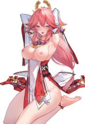 Rule 34 | 1girl, armpits, arms up, bare legs, bare shoulders, barefoot, blush, breasts, breasts out, detached sleeves, enshou (namarien), feet, genshin impact, grin, groin, hair between eyes, highres, large breasts, legs, long hair, long sleeves, looking at viewer, low-tied long hair, miniskirt, naughty face, nipples, no panties, nontraditional miko, pink hair, purple eyes, red skirt, seiza, shirt, simple background, sitting, skirt, sleeveless, sleeveless shirt, smile, soles, solo, thighs, topless, very long hair, white background, white shirt, yae miko
