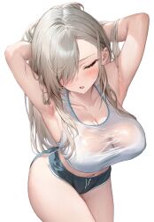 Rule 34 | 1girl, absurdres, alternate costume, armpits, arms up, asuna (blue archive), bare shoulders, black shorts, blue archive, blush, breasts, cleavage, closed eyes, collarbone, cowboy shot, dolphin shorts, grey hair, hair over one eye, hands in hair, highres, large breasts, long hair, mole, mole on breast, navel, open mouth, presenting armpit, preview (preview0), shirt, short shorts, shorts, simple background, solo, sweat, thighs, white background, white shirt