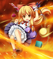 Rule 34 | 1girl, :d, arm up, armpits, blonde hair, bloomers, bow, bowtie, chain, fangs, female focus, fire, floating, gourd, gradient background, hair bow, highres, horns, ibuki suika, long hair, oni, open mouth, panda shizuku, shirt, shoes, skirt, sleeveless, smile, socks, solo, torn clothes, torn shirt, touhou, underwear, upskirt, wrist cuffs, yellow eyes