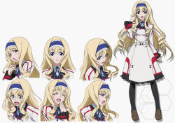 Rule 34 | 10s, 1girl, black pantyhose, blonde hair, blouse, blue eyes, cecilia alcott, character sheet, collared shirt, curly hair, drill hair, expressions, full body, hairband, headband, infinite stratos, kurashima tomoyasu, long hair, official art, open mouth, pantyhose, ponytail, production art, shirt, simple background, standing, very long hair, white background, white shirt