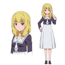 Rule 34 | 1girl, action heroine cheer fruits, black footwear, black jacket, blonde hair, blush, character sheet, commentary request, dress, drill hair, expressionless, fringe trim, grey eyes, hand on own hip, highres, himeyuri girls&#039; academy school uniform, ide naomi, jacket, loafers, long dress, looking at viewer, multiple views, necktie, official art, print neckwear, sailor collar, school uniform, shimura kanon, shoes, simple background, socks, white background, white dress, white legwear, white neckwear, white sailor collar