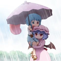 Rule 34 | 2girls, aged down, back bow, bat wings, blue eyes, blue hair, blue skirt, blue vest, blush, bow, bush, closed mouth, commentary, commentary request, dress, feet out of frame, frilled sleeves, frills, geta, heterochromia, highres, karakasa obake, light purple hair, long sleeves, multiple girls, open mouth, pink dress, rain, red eyes, red sash, remilia scarlet, sandals, sash, shirosato, short hair, skirt, smile, sweatdrop, symbol-only commentary, tatara kogasa, touhou, umbrella, vest, walking, wavy mouth, wings