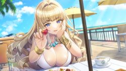 Rule 34 | 1girl, beach umbrella, blonde hair, blue eyes, blue sky, bracelet, breasts, chair, chocolate, cleavage, commentary request, cup, dolphin wave, feeding, hand on own cheek, hand on own face, highres, jewelry, kirahoshi kanna, large breasts, looking at viewer, necklace, official art, ootomo takuji, sky, sparkle, table, umbrella, valentine, wavy hair