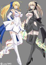 Rule 34 | 10s, 2girls, adapted costume, ahoge, alternate costume, armpits, artoria pendragon (all), artoria pendragon (fate), artoria pendragon (lancer) (fate), artoria pendragon (lancer alter) (fate), bare shoulders, black dress, black gloves, black legwear, black panties, black ribbon, blonde hair, blue ribbon, breasts, cleavage, cleavage cutout, clenched hand, clothing cutout, contrast, cosplay, dress, elbow gloves, eyebrows, facial mark, fate/extella, fate/extra, fate/grand order, fate (series), frilled dress, frilled gloves, frills, frown, full body, gloves, green eyes, grey background, hair ribbon, hand on own hip, high heels, high ponytail, highres, hip vent, holding, holding weapon, lance, large breasts, legs, long hair, long legs, looking at viewer, midriff, multiple girls, navel, neck ribbon, official alternate costume, open mouth, panties, polearm, rhongomyniad (fate), ribbon, saber (fate), saber (fate) (cosplay), saber (pure night dress) (fate), saber alter, side cutout, sideboob, string panties, takara joney, thighhighs, thighs, twitter username, underboob, underboob cutout, underwear, weapon, white dress, white gloves, white legwear, white panties, yellow eyes
