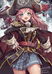 Rule 34 | + +, 1girl, artist name, ascot, belt, bicorne, black cape, black coat, black hat, blue eyes, blue skirt, blush, braid, cape, coat, collared coat, commentary request, cowboy shot, cuffs, cutlass, dated, epaulettes, frilled sleeves, frills, hair ornament, hairclip, hand on own hip, hat, highres, katou marika, long hair, looking at viewer, miniskirt, miniskirt pirates, open clothes, open coat, open mouth, pink hair, pirate, pirate hat, pirate ship, pleated skirt, sidelocks, signature, skirt, skull and crossbones, smile, solo, standing, suzuno (bookshelf), thick eyebrows, very long hair