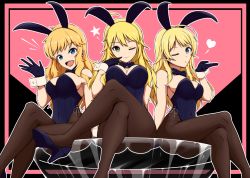 Rule 34 | 3girls, ahoge, animal ears, bikini, black gloves, black leotard, black neckwear, blonde hair, blowing kiss, blue eyes, bow, bowtie, breasts, brown legwear, ccg842000, cleavage, commentary request, crossed legs, detached collar, fake animal ears, feet out of frame, foreshortening, gloves, green eyes, hachimiya meguru, highres, hoshii miki, idolmaster, idolmaster (classic), idolmaster cinderella girls, idolmaster million live!, idolmaster shiny colors, large breasts, leotard, long hair, looking at viewer, multiple girls, ohtsuki yui, one eye closed, pantyhose, pink background, playboy bunny, rabbit ears, sitting, strapless, strapless leotard, swimsuit, traditional bowtie, trait connection, two-tone background, waving, wrist cuffs