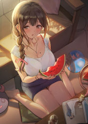 Rule 34 | 1girl, ahoge, ameyame, backlighting, blush, book, bra visible through clothes, braid, breasts, brown eyes, brown hair, cleavage, collarbone, couch, eating, food, fruit, grey skirt, hair over shoulder, hand fan, highres, idolmaster, idolmaster shiny colors, jewelry, kuwayama chiyuki, large breasts, long braid, long hair, looking at viewer, necklace, open book, open mouth, pencil skirt, shirt, short sleeves, single braid, sitting, skirt, solo, sweat, wariza, watermelon, white shirt