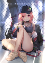 Rule 34 | 1girl, arm support, ass, assault rifle, backpack, bag, bare legs, baseball cap, black hat, black jacket, black nails, black shorts, blush, breasts, chain, chain-link fence, choker, cleavage, collarbone, crop top, cutoffs, fence, fishnets, gun, hat, highres, honeycomb (pattern), jacket, knee up, large breasts, long hair, long sleeves, looking at viewer, m4 carbine, midriff, nail polish, off shoulder, open clothes, open jacket, original, parted lips, pink eyes, pink hair, rifle, shoes, short shorts, shorts, sitting, sneakers, solo, sports bra, thighs, v-shaped eyebrows, weapon, white footwear, whoisshe