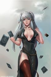 Rule 34 | 1girl, blue eyes, breasts, breasts apart, brown thighhighs, card, cleavage, collarbone, cowboy shot, facing viewer, grey background, holding, large breasts, lion (dielion), lips, long hair, mabinogi, nao (mabinogi), nose, parted lips, short sleeves, sideways glance, silver hair, solo, thighhighs, twintails, watermark, web address