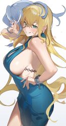 Rule 34 | 1girl, absurdres, ako (blue archive), ako (blue archive) (cosplay), ako (dress) (blue archive), blonde hair, blue dress, blush, breasts, commission, cosplay, cowboy shot, cuffs, disguise, dress, green eyes, grin, hair between eyes, hand on own hip, handcuffs, highres, large breasts, long hair, original, pixiv commission, sideboob, simple background, sleeveless, sleeveless dress, smile, solo, uouokuma, white background