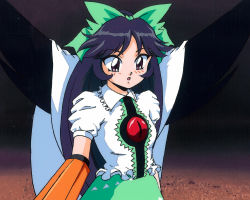 Rule 34 | 1980s (style), 1990s (style), 1girl, arm cannon, bad id, bad pixiv id, beho-chan, black hair, black wings, bow, brooch, cape, center frills, eyeball, frills, gem, green bow, hair bow, jewelry, long hair, retro artstyle, parody, puffy short sleeves, puffy sleeves, red eyes, reiuji utsuho, retro artstyle, short sleeves, solo, touhou, upper body, weapon, wings