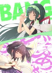 Rule 34 | 2girls, ahoge, blunt bangs, blush, brown hair, closed eyes, clutching chest, commentary request, emphasis lines, english text, finger gun, gradient kimono, green hair, green hairband, green kimono, hairband, halftone, headgear, highres, japanese clothes, kimono, kiritanpo (food), long hair, medium hair, multiple girls, muneate, nose blush, one eye closed, open mouth, oversized food, oversized object, own hands together, pleated skirt, purple skirt, pursed lips, shooting through heart, short kimono, short twintails, siblings, sisters, skirt, sweat, tasuki, text background, touhoku kiritan, touhoku zunko, twintails, voiceroid, wavy mouth, white kimono, wide sleeves, yamadori seika