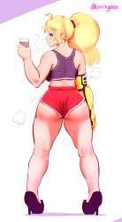 Rule 34 | 1girl, ahoge, ass, bare arms, bare shoulders, blonde hair, blush, breasts, curvy, deee, eyebrows, full body, high heels, highres, huge ass, legs, long hair, mechanical arms, phone, ponytail, purple eyes, rwby, shorts, single mechanical arm, smile, solo, sweat, thick thighs, thighs, very long hair, yang xiao long
