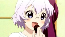 Rule 34 | 1girl, chocolate, eating, ikeda chitose, tagme, white hair, yuru yuri