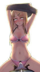 10s 1boy 1girl :o armpits arms_up blonde_hair blush bow bow_bra bow_panties bra breasts bulge cleavage constricted_pupils dagashi_kashi ear_piercing endou_saya erection erection_under_clothes full-face_blush grinding grinding_over_clothes hair_ornament hairclip long_hair medium_breasts navel navel_piercing nikuku_(kazedesune) panties piercing pink_bra pink_panties sweat swept_bangs teasing thighs underwear underwear_only undressing