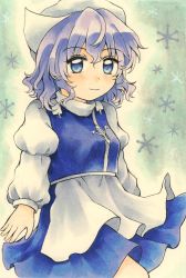 Rule 34 | 1girl, apron, blue eyes, blue hair, blue skirt, blue vest, breasts, highres, juliet sleeves, letty whiterock, long sleeves, maa (forsythia1729), polearm, puffy sleeves, shirt, skirt, small breasts, smile, snowflakes, solo, touhou, trident, turtleneck, vest, waist apron, weapon, white apron, white headwear, white shirt, yuki onna
