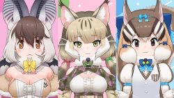 Rule 34 | 3girls, animal costume, animal ear fluff, animal ears, bat wings, black eyes, bow, bowtie, breasts, brown eyes, brown hair, brown long-eared bat (kemono friends), closed mouth, green eyes, grey hair, jungle cat (kemono friends), kemono friends, kemono friends v project, large breasts, long hair, looking at viewer, microphone, multicolored hair, multiple girls, official art, shirt, siberian chipmunk (kemono friends), simple background, smile, tail, virtual youtuber, white hair, wings, yoshizaki mine